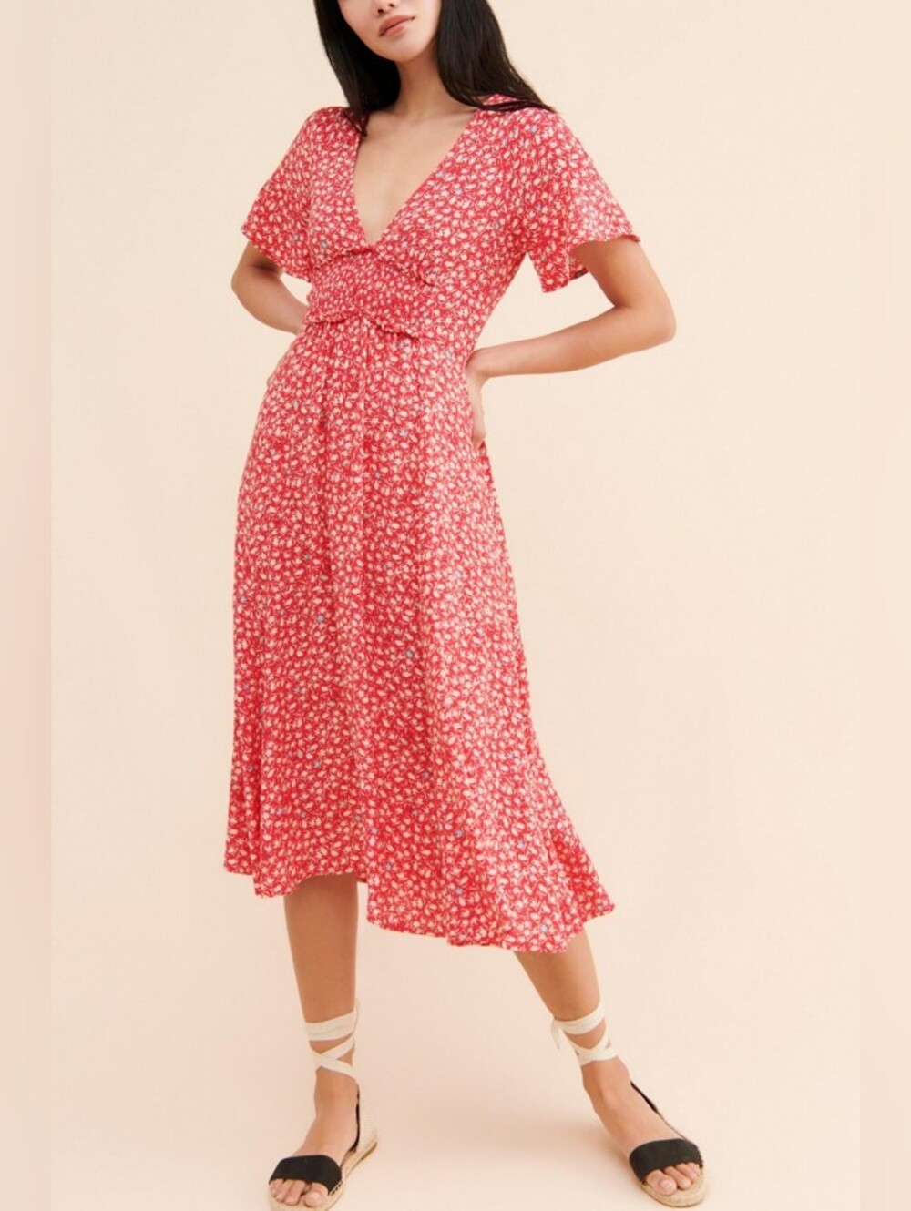 Free People In Full Bloom Handkerchief A-line Midi Dress Floral Red Combo- M